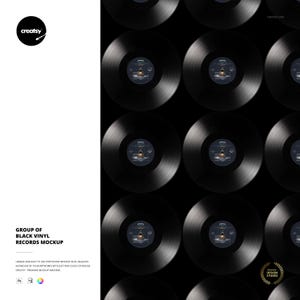 Peut inclure: Maquette présentant un motif de disques vinyles noirs. Chaque disque a une étiquette bleu foncé et blanche. L'image comprend le texte "GROUP OF BLACK VINYL RECORDS MOCKUP" et le logo Creatsy.