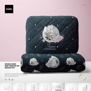 May include: A double-sided baby bedding set mockup. The set includes a square pillow and a bolster pillow. Both are dark teal with a quilted pattern and a design of a sleeping squirrel holding an acorn. The text "Sweet Dreams" is also visible.