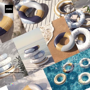 Puede incluir: Un conjunto de maquetas de flotadores de natación en varios diseños y entornos. Los flotadores presentan colores como el azul marino, blanco, dorado y azul claro. Algunos flotadores tienen patrones. La imagen incluye el texto "AMERICAN FLOATS" y "SWIM RING MOCKUP SET".