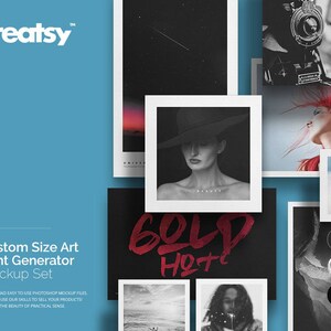 May include: A mockup set for a custom size art print generator. The set includes various images in different frames, including a woman wearing a hat, a landscape, and a close-up of a camera. The text "GOLD Hote" is written in red on a black background.