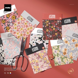 Fabric Swatches Mockup 30FFv.11 Editable PSD Flatlay Cardboard Header Scissors Thread Winder