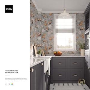 May include: A kitchen design mockup featuring dark gray cabinets, a white sink, and floral wallpaper. The image includes a window with natural light, a wooden cutting board, and a bowl of oranges. The text "FRENCH KITCHEN DESIGN MOCKUP" is visible.