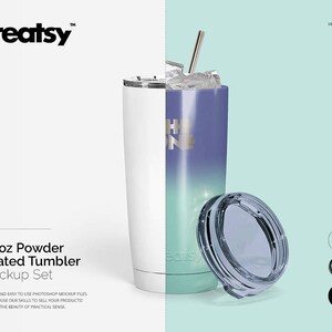 May include: A mockup set of two 20 ounce powder coated tumblers. One tumbler is white and the other is a gradient of blue and green. Both tumblers have lids and a straw.