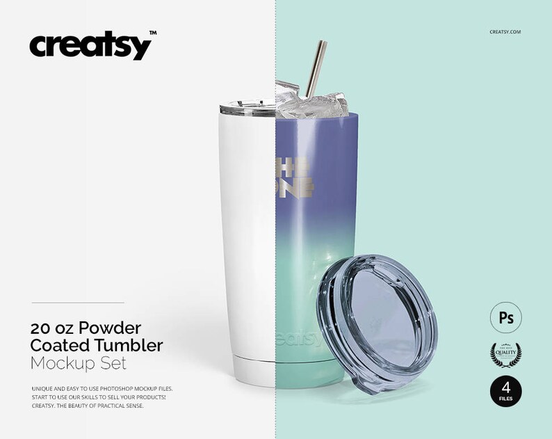 May include: A mockup set of two 20 ounce powder coated tumblers. One tumbler is white and the other is a gradient of blue and green. Both tumblers have lids and a straw.
