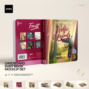 Puede incluir: Un conjunto de maquetas de libros para bebés de cartón. El libro abierto muestra el título "Wolfie & Friends" con una ilustración de un lobo de dibujos animados. El lado izquierdo muestra el lomo del libro y otras portadas. El fondo es una escena de bosque.