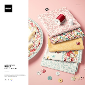 Fabric Stack Mockup 27FFv.11 – Folded Squares Flatlay, Sewing Props, 1 PSD Template