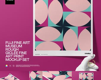 Square Giclée Fine Art Print PSD Mockup Set, Fuji Museum Rough, 4 Scenes