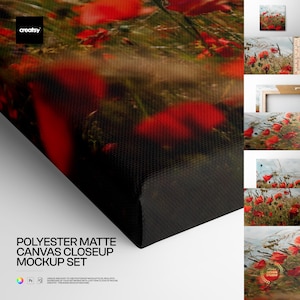 May include: A close-up of a polyester matte canvas mockup set. The canvas displays a field of red poppies. The text on the canvas reads "creatsy". The mockup set includes multiple views of the canvas, showcasing the artwork from different angles.