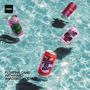 May include: Four aluminum cans floating in water. The cans are labeled "Native Apple", "Native Berry", "Native Grape", and "Native Cherry". The cans are various colors, including pink, red, and purple. The water is a light blue color.