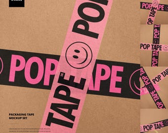 May include: Packaging tape mockup set featuring pink and black tape with the words "POP TAPE" and a smiley face. The tape is on a brown cardboard background. The image also includes the text "PACKAGING TAPE MOCKUP SET".