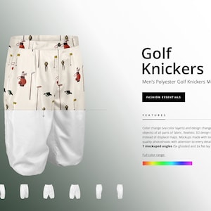 Könnte beinhalten: Mockup-Set mit sieben verschiedenen Perspektiven von weißen Golf-Knickers mit einem Golf-Motiv. Der Druck zeigt Golfschläger, Golfbälle und Golftaschen. Der Text "Golf Knickers" und "Men's Polyester Golf Knickers Mockup Set" ist auf dem Bild zu sehen.