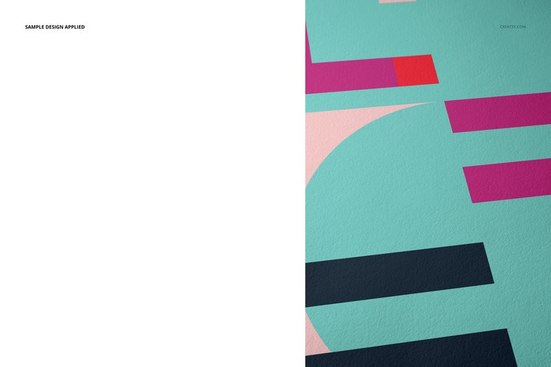 May include: Abstract geometric design with pink, red, teal, and black shapes. The design features a curved shape and overlapping rectangles.