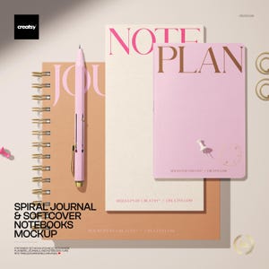 May include: A stationery mockup featuring a spiral journal, softcover notebooks, and a pink pen. The notebooks have the words "NOTE" and "PLAN" printed on them. The journal and notebooks are in shades of pink and tan.