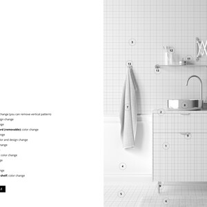 May include: A white bathroom vanity with a white countertop and a chrome sink and faucet. The vanity has a single drawer and is on legs. There is a towel hanging on a hook on the wall, a mirror, and a shelf with toiletries.