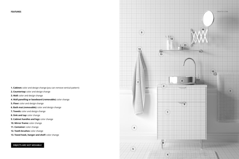 May include: A white bathroom vanity with a white countertop and a chrome sink and faucet. The vanity has a single drawer and is on legs. There is a towel hanging on a hook on the wall, a mirror, and a shelf with toiletries.