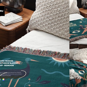 Jacquard Fringed Woven Throw Blanket Mockup Set - Bedroom