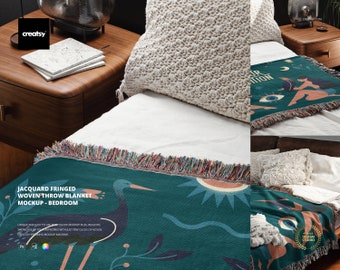 Jacquard Fringed Woven Throw Blanket Mockup Set - Bedroom