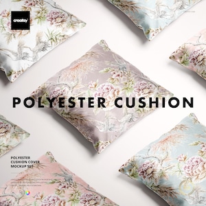 Può includere: Cuscini in poliestere con motivi floreali e di uccelli nei toni del rosa, verde e blu. Il testo "POLYESTER CUSHION" è visualizzato in grandi lettere in grassetto. I cuscini sono disposti su una superficie bianca.