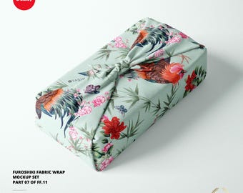 Maqueta de envoltura de tela Furoshiki 07FFv11: 6 archivos PSD, plantilla de empaque para caja de regalo