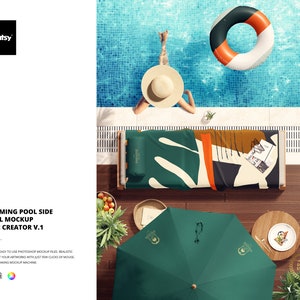 May include: A swimming pool scene mockup with a green and white beach towel, a green umbrella, a pool float, and a person in a straw hat. The scene is set up for a summer vacation.