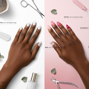 May include: A split image showing nail care products. One side displays a hand with white nail polish, a nail file, and a bottle of nail polish. The other side shows a hand with pink and red nail polish, nail polish bottles, and nail clippers.