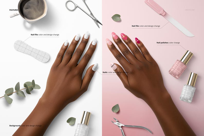 May include: A split image showing nail care products. One side displays a hand with white nail polish, a nail file, and a bottle of nail polish. The other side shows a hand with pink and red nail polish, nail polish bottles, and nail clippers.