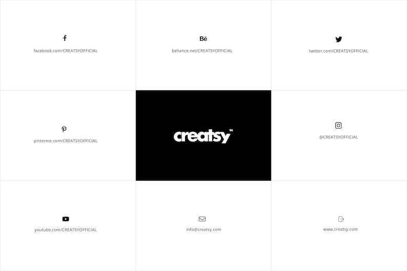 Może przedstawiać: Białe logo tekstowe na czarnym tle, kt&oacute;re brzmi "creatsy" z symbolem znaku towarowego. Pod logo znajdują się linki do kont medi&oacute;w społecznościowych firmy, w tym Facebook, Behance, Twitter, Pinterest, Instagram, YouTube i ich strona internetowa.