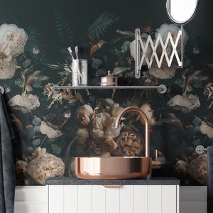 May include: A dark green floral wallpaper with a copper sink and faucet, a shelf with a toothbrush holder and a small container, and two towels hanging on hooks. The text "SAMPLE DESIGN APPLIED" is at the top of the image.