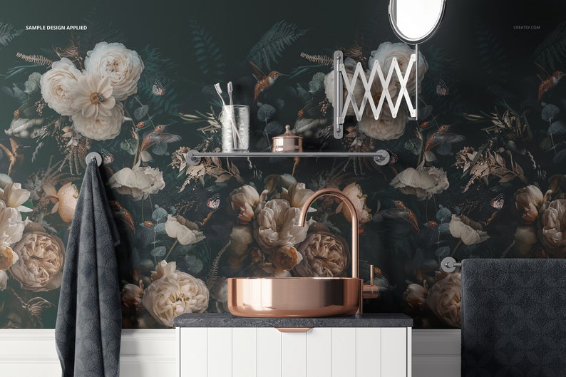 May include: A dark green floral wallpaper with a copper sink and faucet, a shelf with a toothbrush holder and a small container, and two towels hanging on hooks. The text "SAMPLE DESIGN APPLIED" is at the top of the image.