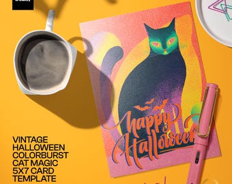 Vintage Halloween Black Cat 5x7 Folded Card PSD Template, Inside and Outside