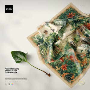 May include: Square silk scarf with a jungle-themed design. The scarf features a cream-colored background with a vibrant print of tropical plants, flowers, and butterflies. The edges are bordered with a tan frame. A green leaf and stem are in the foreground.