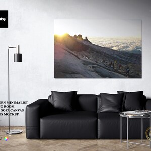 Modern Minimalist Living Room with Leather Sofa Canvas Prints Mockup