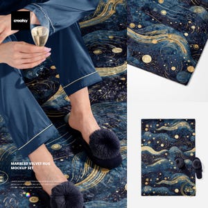 May include: A navy blue marbled velvet rug mockup set with matching slippers. The rug has a swirling gold and navy design. The set includes a blanket and slippers. The text "MARBLED VELVET RUG MOCKUP SET" is visible.