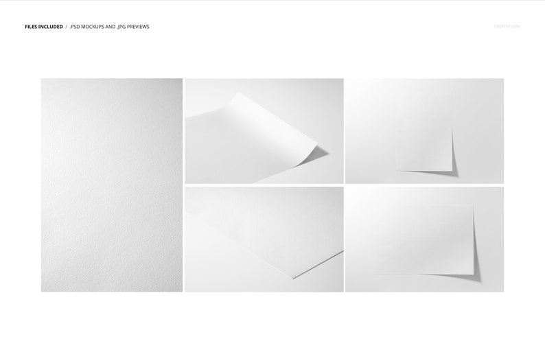 May include: Four different mockups of a white sheet of paper on a white background. The paper is folded in different ways to show off its texture and how it would look in a real-world setting.