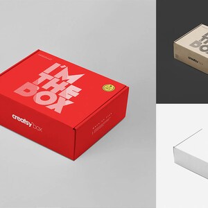 May include: A red cardboard box with the text "I'm the Box" printed in white. The box has a white logo that says "creatsy box".