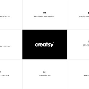 May include: A white text logo on a black background that reads "creatsy" with a trademark symbol. Below the logo are links to the company's social media accounts, including Facebook, Behance, Twitter, Pinterest, Instagram, YouTube, and their website.