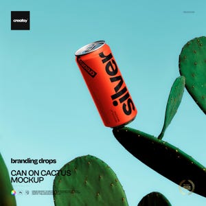 May include: An orange can with the word "Silver" in large black letters is balanced on a green cactus pad. The can has the "creatsy" logo and a silver top. The background is a light blue sky.