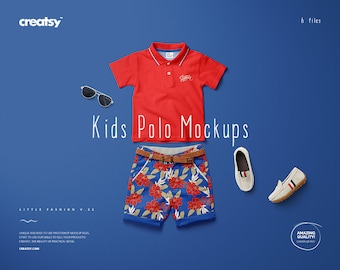 Kids Polo Set Mockup Set, Little Fashio Series vol.22 Kids Top, Kids Shorts Teamplate, Polos Mockup