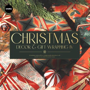 May include: An overhead shot of wrapped Christmas gifts with red, green, and gold patterned paper. The gifts are adorned with red ribbons and bows. The image includes text that reads "CHRISTMAS DECOR & GIFT WRAPPING IV."