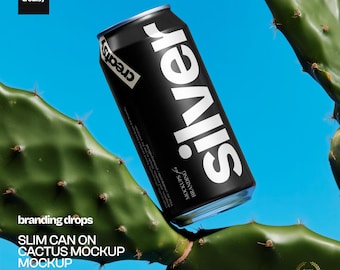Slim Beverage Can PSD Mockup on Cactus with Smart Object