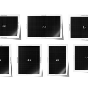 May include: Eight white frames with black grid patterns and text labels showing different aspect ratios: 4:3, 3:2, 5:4, 3:4, 4:5, 1:1, and 2:3.