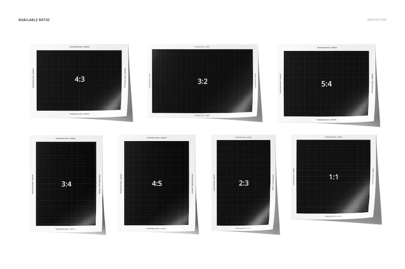 May include: Eight white frames with black grid patterns and text labels showing different aspect ratios: 4:3, 3:2, 5:4, 3:4, 4:5, 1:1, and 2:3.