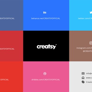 Op de afbeelding: Een grafiek met links naar de social media-accounts van Creatsy, een bedrijf dat mensen helpt producten online te maken en te verkopen. De grafiek bevat pictogrammen voor Facebook, Behance, Twitter, Pinterest, Instagram, YouTube, Dribbble en een website-adres.