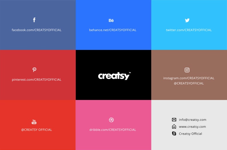 Op de afbeelding: Een grafiek met links naar de social media-accounts van Creatsy, een bedrijf dat mensen helpt producten online te maken en te verkopen. De grafiek bevat pictogrammen voor Facebook, Behance, Twitter, Pinterest, Instagram, YouTube, Dribbble en een website-adres.
