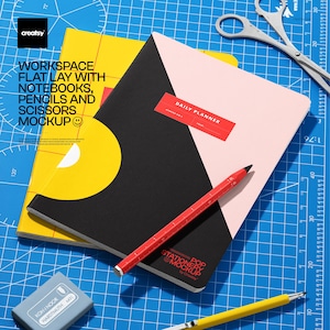 May include: A flat lay workspace setup featuring a yellow and black notebook, a pink and black daily planner, a red pencil, scissors, a yellow pen, and an eraser. The notebooks have the text "WORKSPACE FLAT LAY WITH NOTEBOOKS, PENCILS AND SCISSORS MOCKUP".