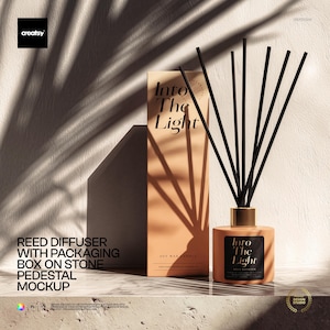 May include: A peach-coloured reed diffuser with a black label reading Into The Light, accompanied by a matching tall rectangular packaging box. The diffuser features a gold-toned collar and several thin black reeds extending upwards.