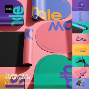 May include: A mockup set of oval yoga mats in various colors, including purple, pink, green, and blue. The mats are rolled and unrolled, with text such as "hale", "exhale", and "souls". The set includes a design studio award.