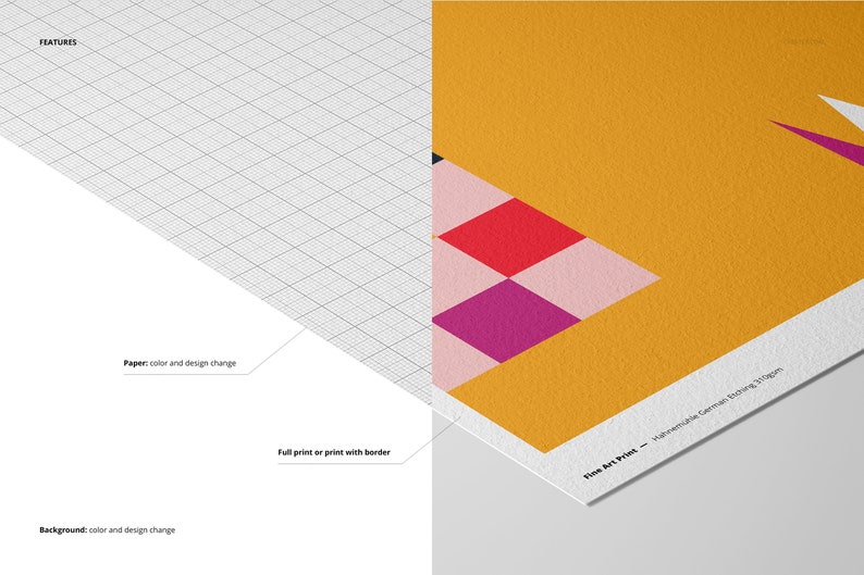 Może przedstawiać: Druk artystyczny z geometrycznym wzorem na ż&oacute;łtym tle, z r&oacute;żowymi, czerwonymi i fioletowymi kwadratami. Druk zawiera tekst "Fine Art Print - Handmade in Germany" w prawym dolnym rogu.