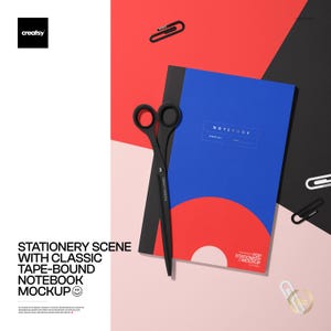 May include: A stationery scene featuring a blue and red notebook with the word "NOTEBOOK" on the cover, black scissors, and paper clips. The notebook is tape-bound. The background is a mix of red, black, and pink.