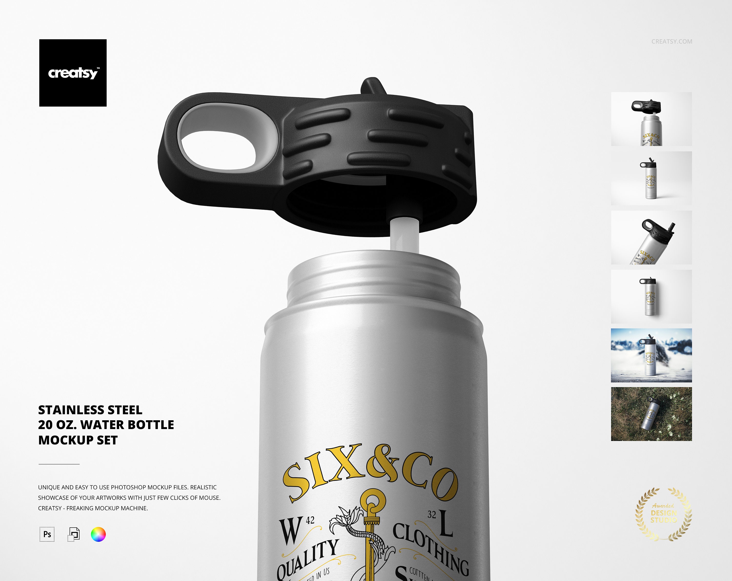 Stainless Steel 20 oz. Water Bottle Mockup Set
